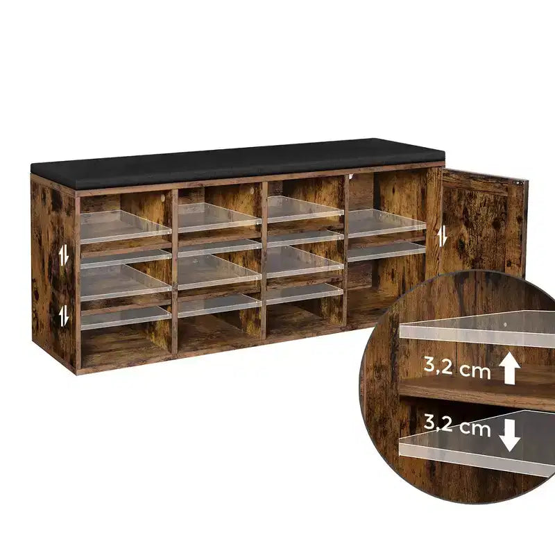 VASAGLE Banc de rangement avec placard et 9 compartiments ouverts 30 x 110 x 48 cm Marron rustique