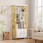 Garvee Bibliothèque Étagère Moderne avec Tiroirs Étagère de Rangement Dorée Étagères Hautes pour Chambre, Salon, Bureau à Domicile, Doré