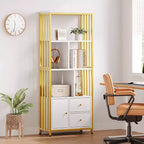 Garvee Bibliothèque Étagère Moderne avec Tiroirs Étagère de Rangement Dorée Étagères Hautes pour Chambre, Salon, Bureau à Domicile, Doré