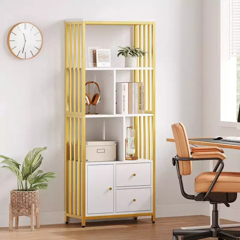 Garvee Bibliothèque Étagère Moderne avec Tiroirs Étagère de Rangement Dorée Étagères Hautes pour Chambre, Salon, Bureau à Domicile, Doré