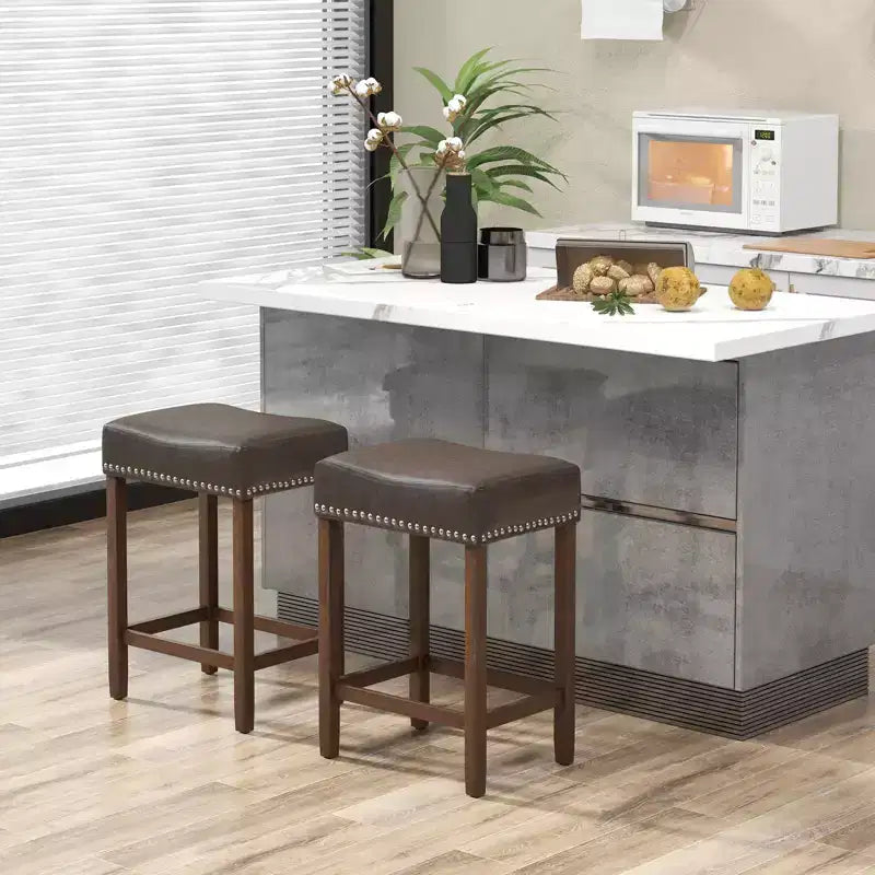 Costway Lot de 2 tabourets de bar rembourrés de 24 po avec repose-pieds, cadre en bois d'hévéa, forme de selle, brun/gris