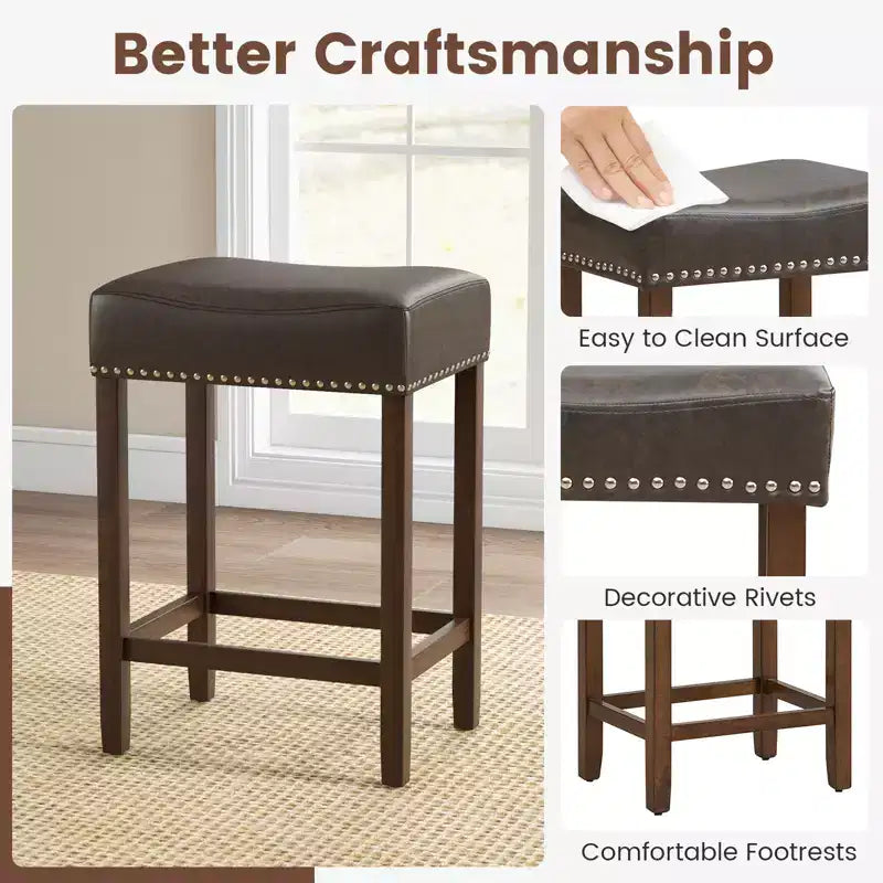Costway Lot de 2 tabourets de bar rembourrés de 24 po avec repose-pieds, cadre en bois d'hévéa, forme de selle, brun/gris