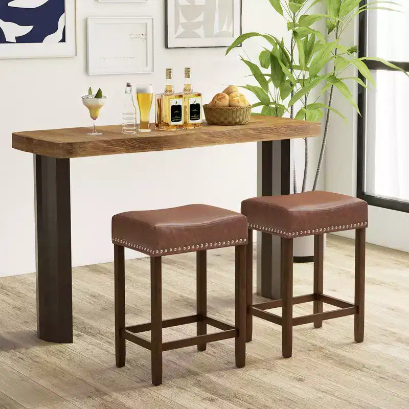 Costway Lot de 2 tabourets de bar rembourrés de 24 po avec repose-pieds, cadre en bois d'hévéa, forme de selle, brun/gris