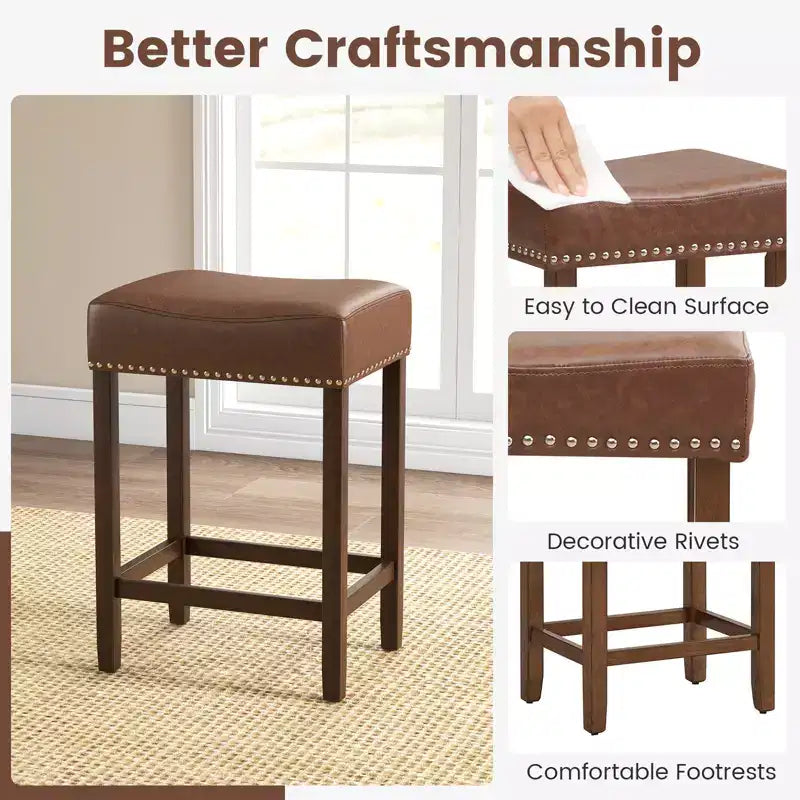 Costway Lot de 2 tabourets de bar rembourrés de 24 po avec repose-pieds, cadre en bois d'hévéa, forme de selle, brun/gris