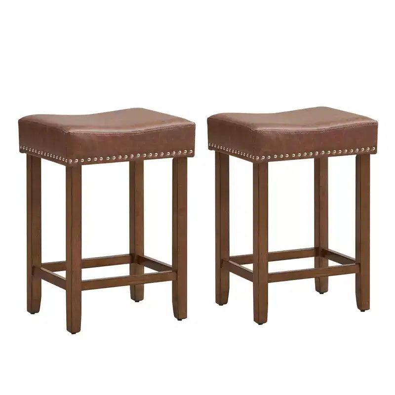 Costway 24 Upholstered Bar Stools Set of 2 with Footrests Rubberwood Frame Saddle-shaped Brown/Gray