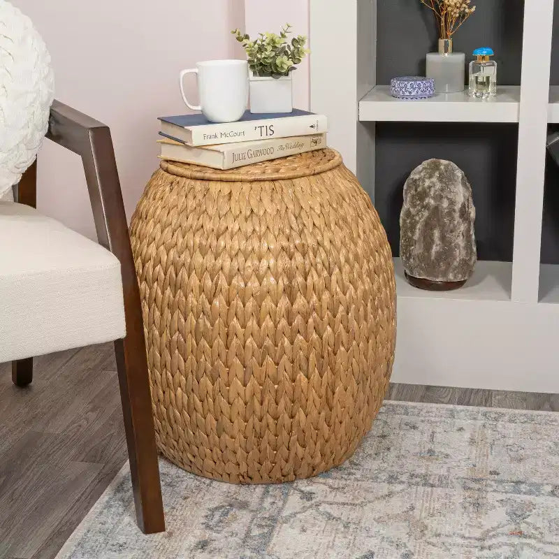 happimess Colt 17 Tabouret de rangement en jacinthe tissée à la main avec couvercle, style bohème côtier, naturel