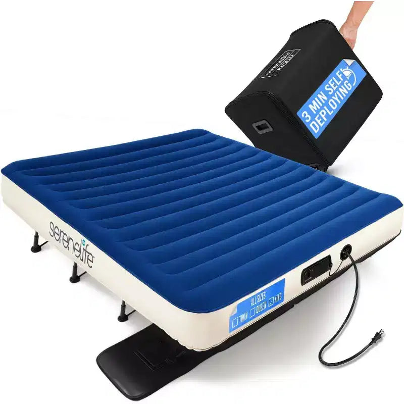 SereneLife EZ-Bed Inflatable Air Mattress with Frame - Luxury Self-Inflating Blow Up Guest Airbed Cot with Rolling Case
