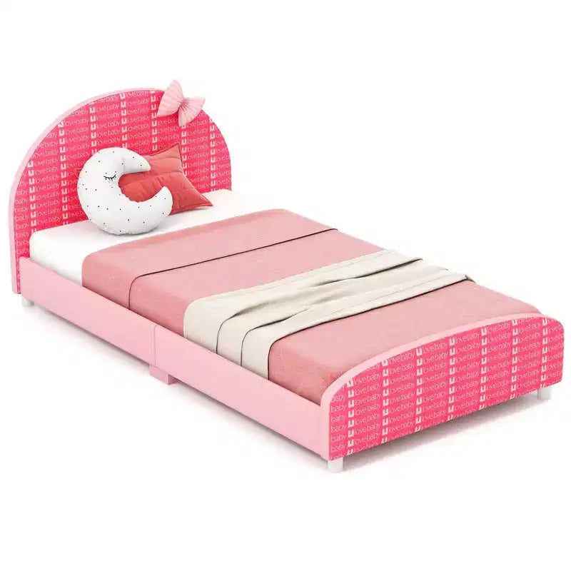 Costway Children Twin Size Upholstered Platform Single Bed with Headboard & Footboard Pink