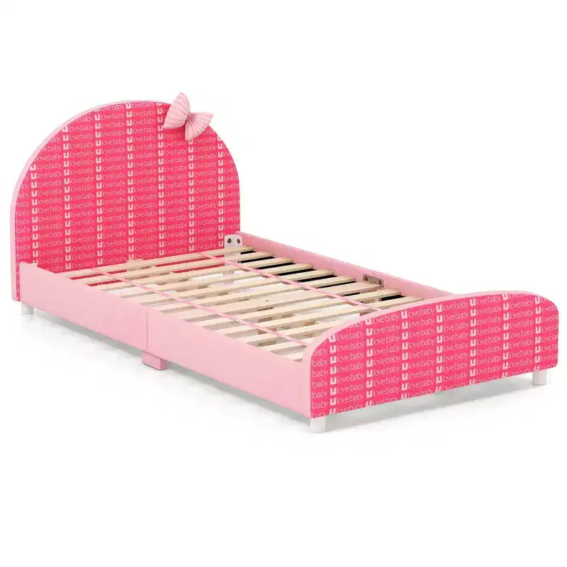 Lit plateforme une place pour enfant Costway avec tête et pied de lit roses