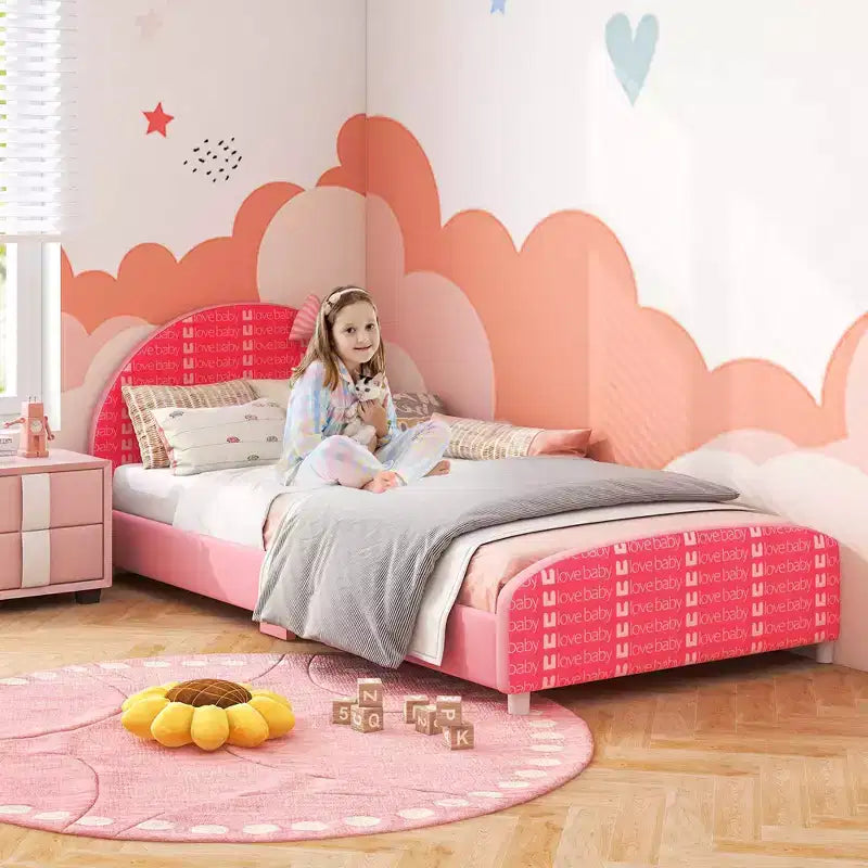 Lit plateforme une place pour enfant Costway avec tête et pied de lit roses