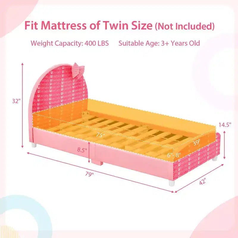 Lit plateforme une place pour enfant Costway avec tête et pied de lit roses
