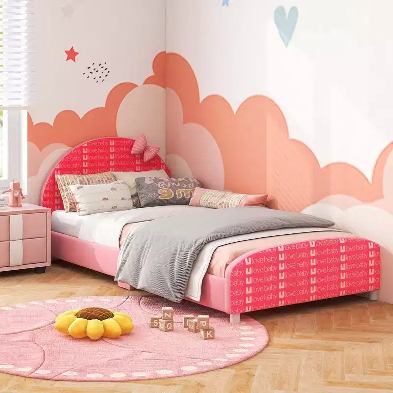 Lit plateforme une place pour enfant Costway avec tête et pied de lit roses