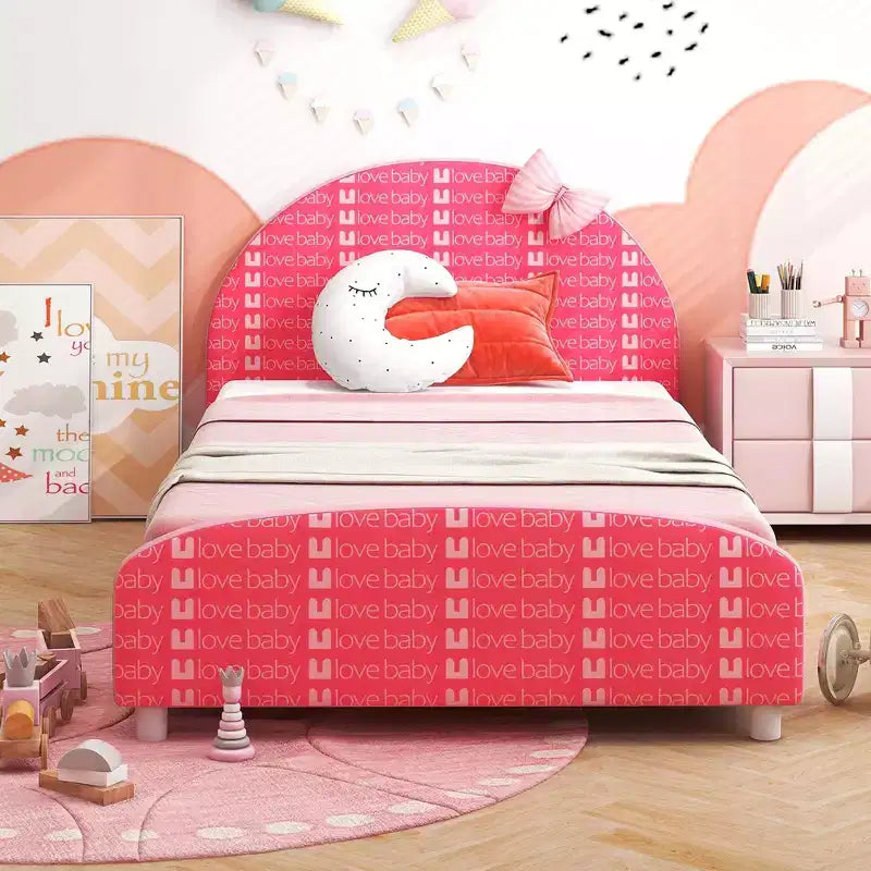 Lit plateforme une place pour enfant Costway avec tête et pied de lit roses