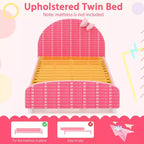 Lit plateforme une place pour enfant Costway avec tête et pied de lit roses