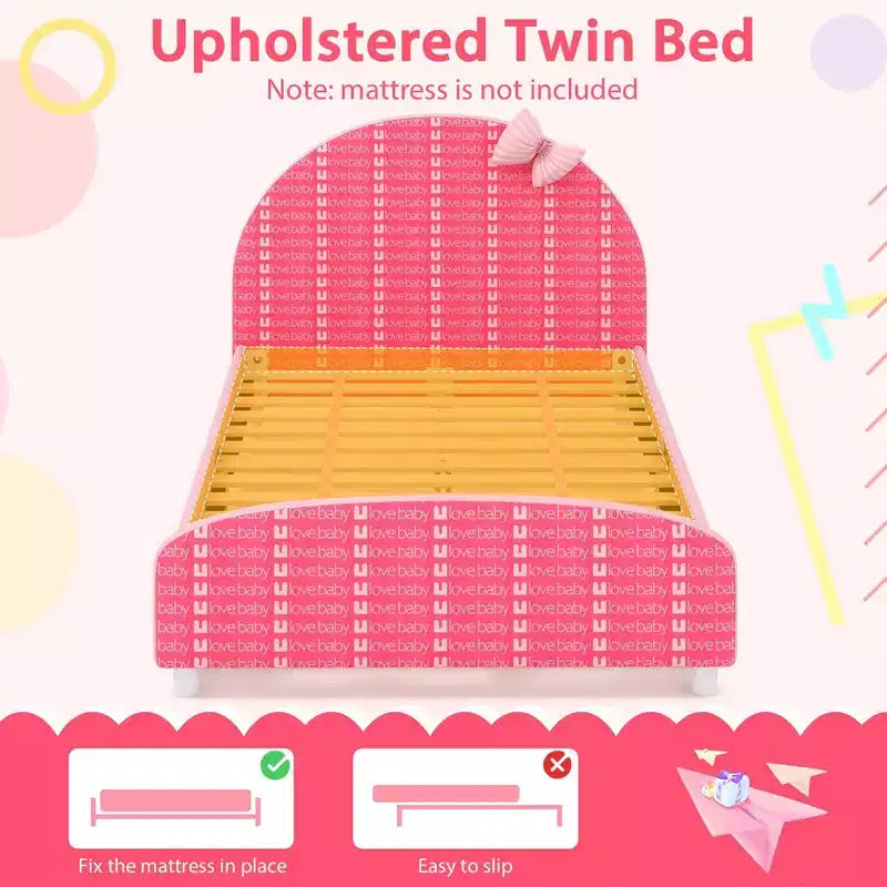 Lit plateforme une place pour enfant Costway avec tête et pied de lit roses
