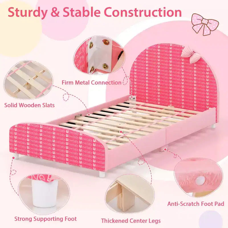 Lit plateforme une place pour enfant Costway avec tête et pied de lit roses