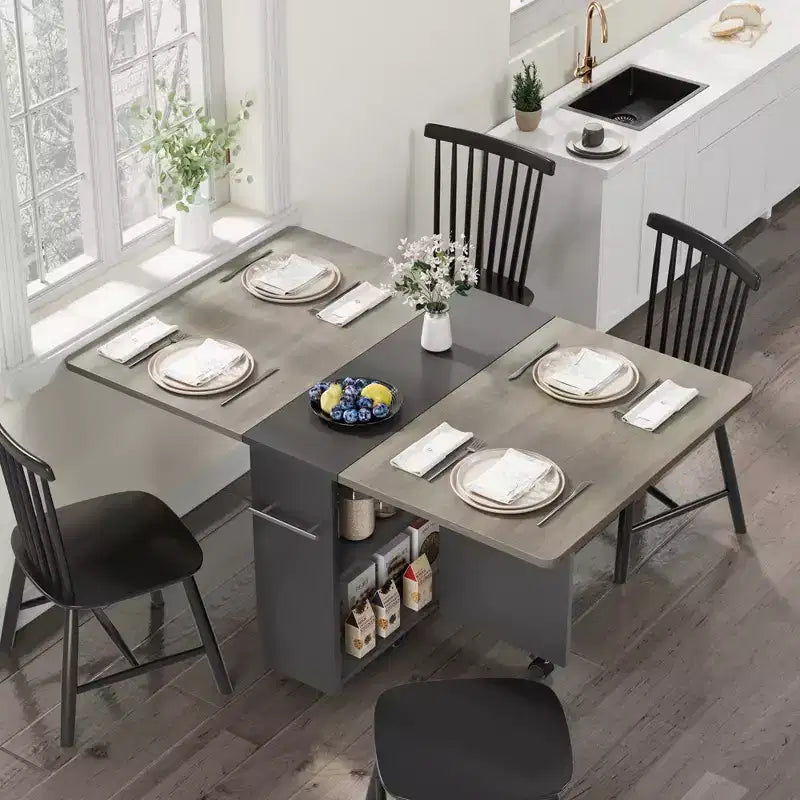 Table à manger pliante Garvee avec 2 étagères de rangement, abattants, 6 roulettes, table multifonction extensible pour cuisine, chambre, salon