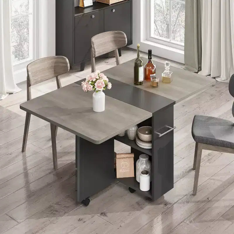 Table à manger pliante Garvee avec 2 étagères de rangement, abattants, 6 roulettes, table multifonction extensible pour cuisine, chambre, salon