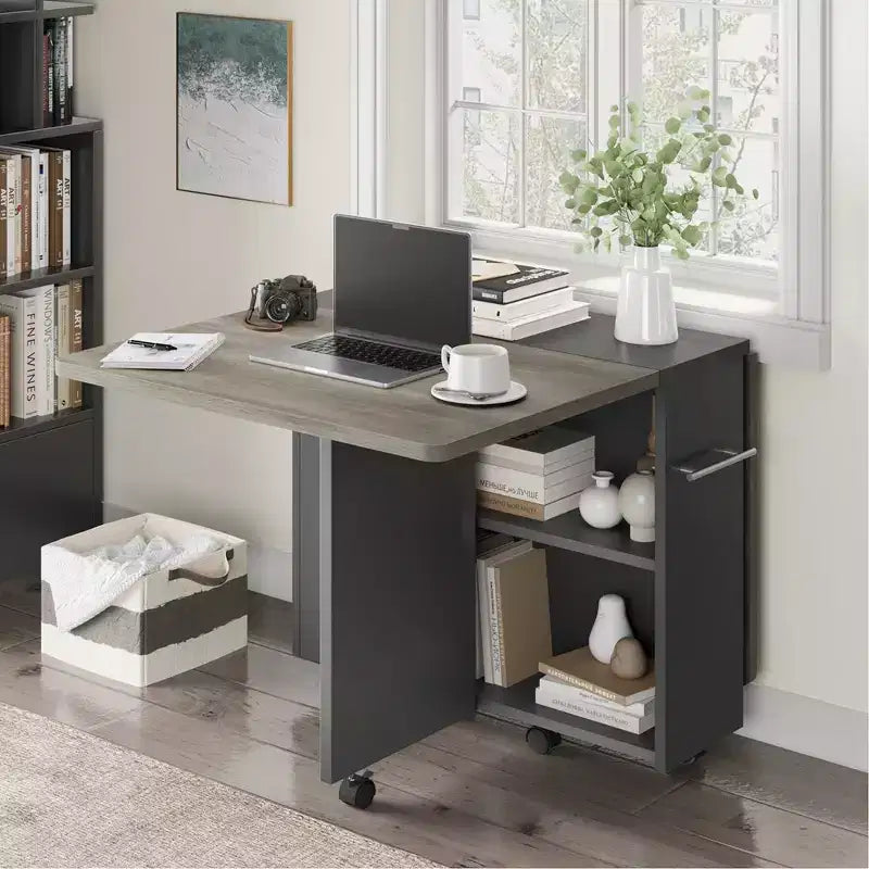 Table à manger pliante Garvee avec 2 étagères de rangement, abattants, 6 roulettes, table multifonction extensible pour cuisine, chambre, salon