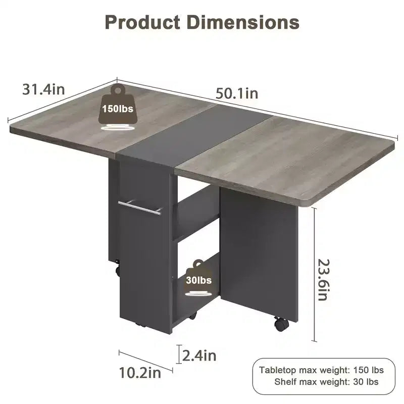Table à manger pliante Garvee avec 2 étagères de rangement, abattants, 6 roulettes, table multifonction extensible pour cuisine, chambre, salon