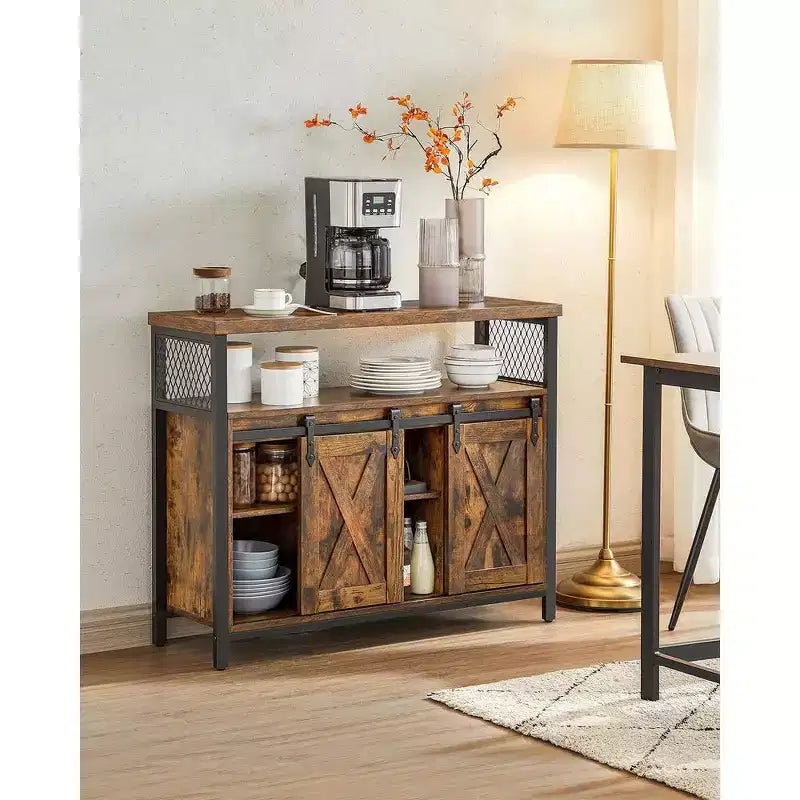 Meuble de rangement VASAGLE, buffet bas, avec 2 portes coulissantes de style grange, étagères réglables