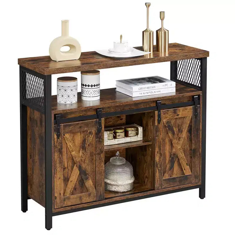 Meuble de rangement VASAGLE, buffet bas, avec 2 portes coulissantes de style grange, étagères réglables