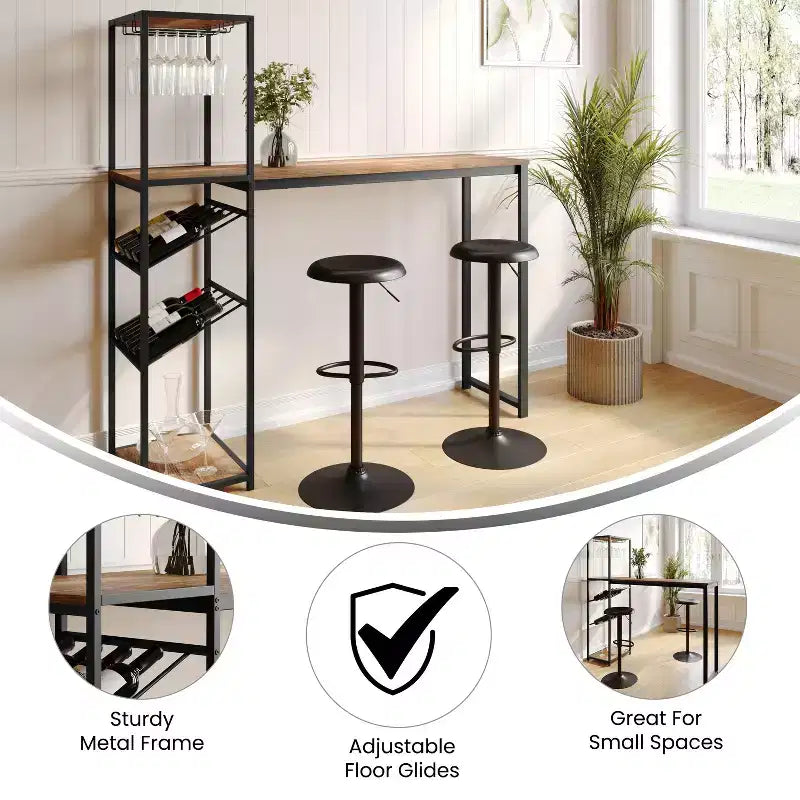 Table de bar et à vin Jura Flash Furniture en métal avec 2 étagères inclinées pour le rangement des bouteilles et le rangement des verres suspendus