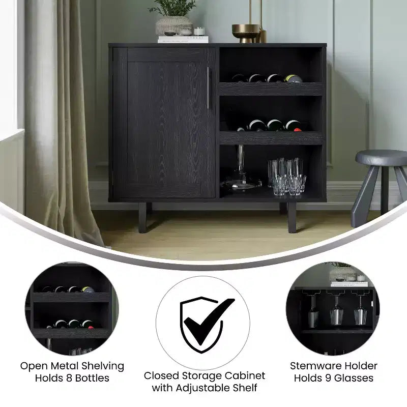 Meuble de bar et buffet classique Flash Furniture Elmont avec meuble à une porte de style Shaker avec rangement pour verres suspendu et étagères ouvertes pour bouteilles