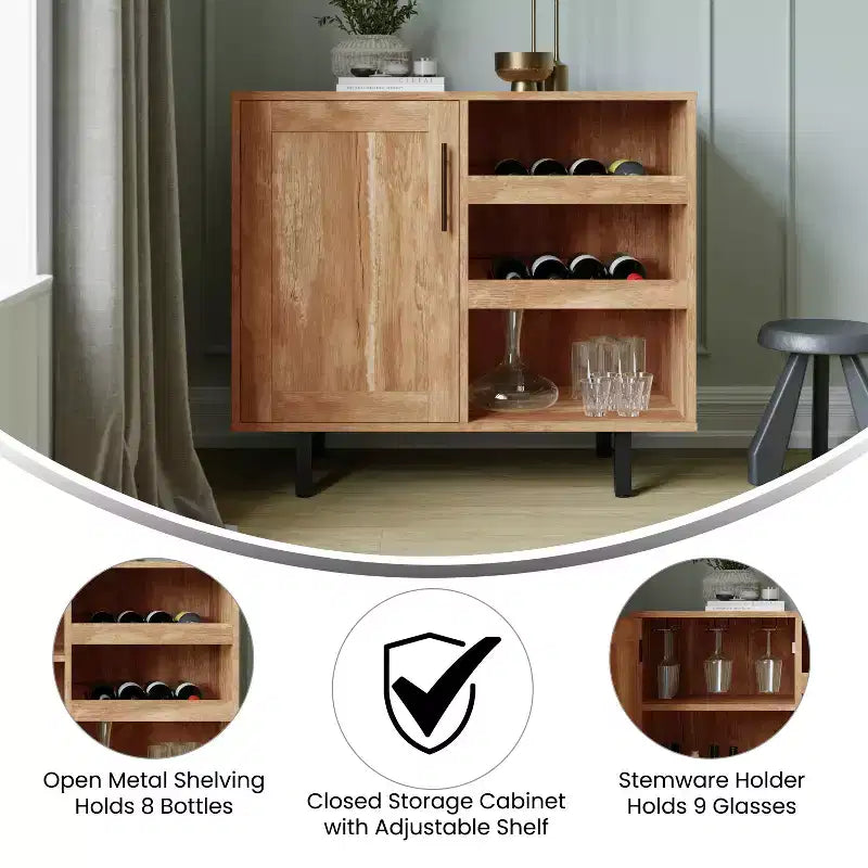 Meuble de bar et buffet classique Flash Furniture Elmont avec meuble à une porte de style Shaker avec rangement pour verres suspendu et étagères ouvertes pour bouteilles