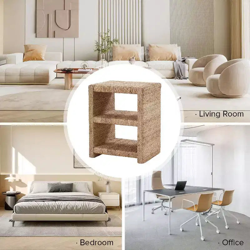 Table d'appoint Heinrich 24 en corde d'herbe style côtier avec deux étagères ouvertes, lot de 2 | ART OF LIVING DESIGNS-NATUREL