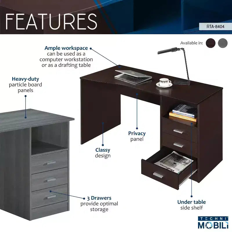 Bureau d'ordinateur classique avec plusieurs tiroirs - Techni Mobili