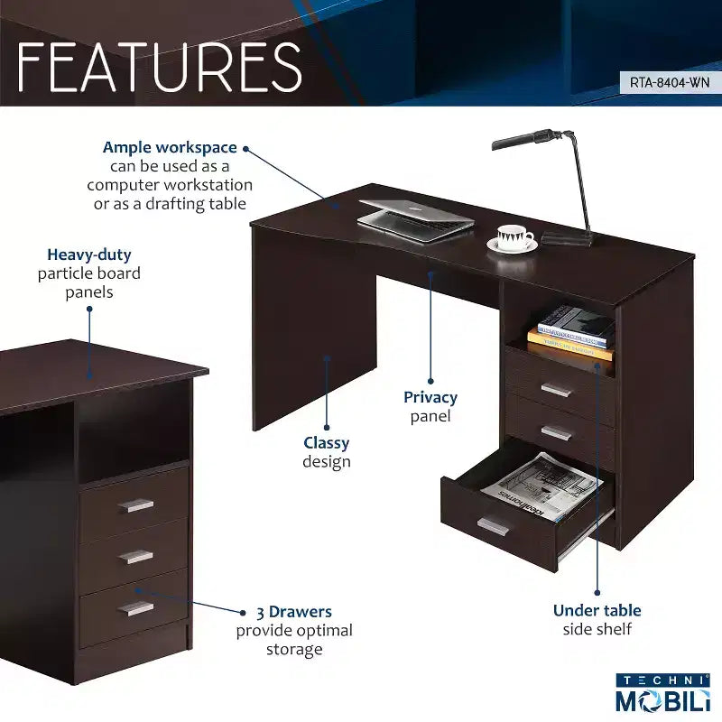 Bureau d'ordinateur classique avec plusieurs tiroirs - Techni Mobili
