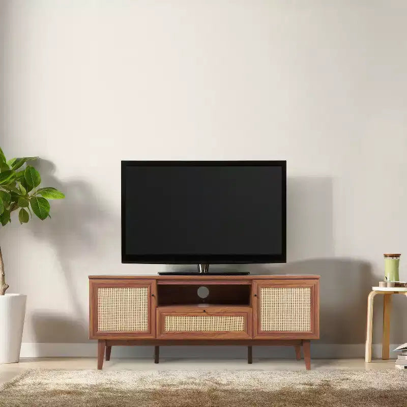 JONATHAN Y TVS1002A Meuble TV Finley de style Ferme de 149,86 cm avec tiroir et portes de rangement, convient aux téléviseurs jusqu'à 165,1 cm, avec gestion des câbles