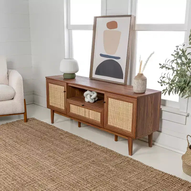 JONATHAN Y TVS1002A Meuble TV Finley de style Ferme de 149,86 cm avec tiroir et portes de rangement, convient aux téléviseurs jusqu'à 165,1 cm, avec gestion des câbles