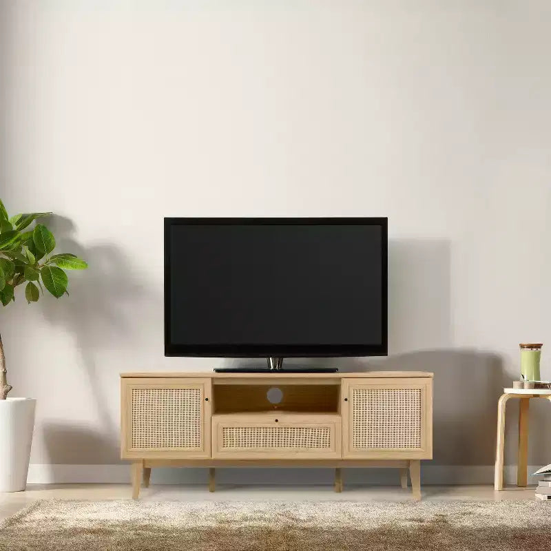 JONATHAN Y TVS1002A Meuble TV Finley de style Ferme de 149,86 cm avec tiroir et portes de rangement, convient aux téléviseurs jusqu'à 165,1 cm, avec gestion des câbles