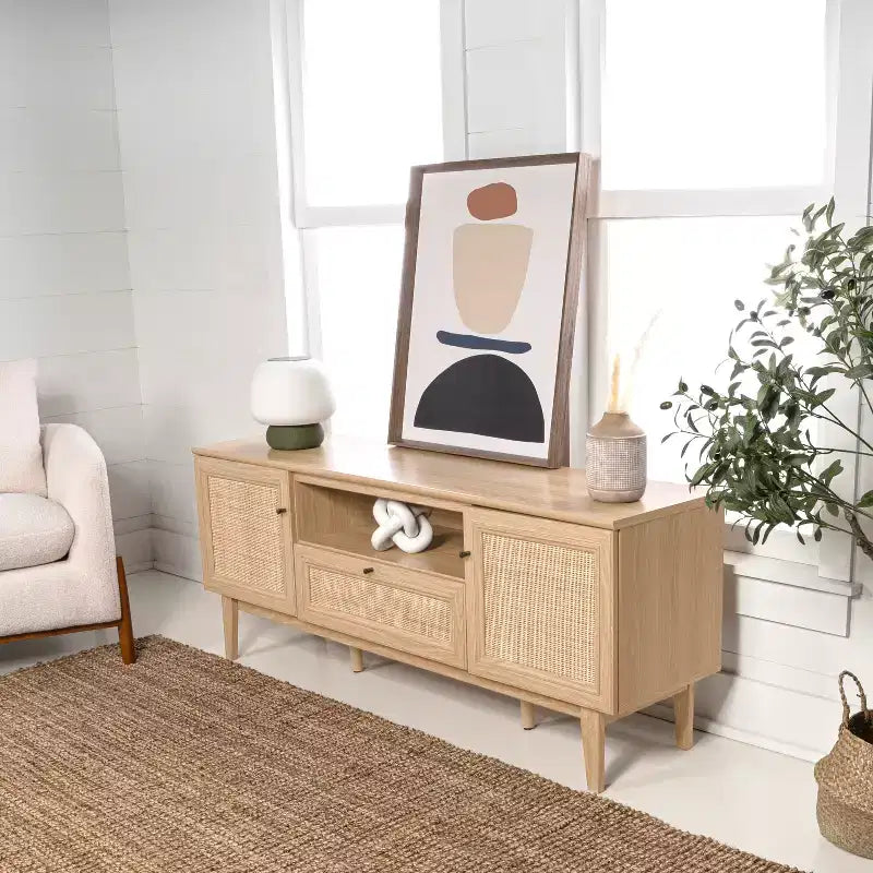 JONATHAN Y TVS1002A Meuble TV Finley de style Ferme de 149,86 cm avec tiroir et portes de rangement, convient aux téléviseurs jusqu'à 165,1 cm, avec gestion des câbles