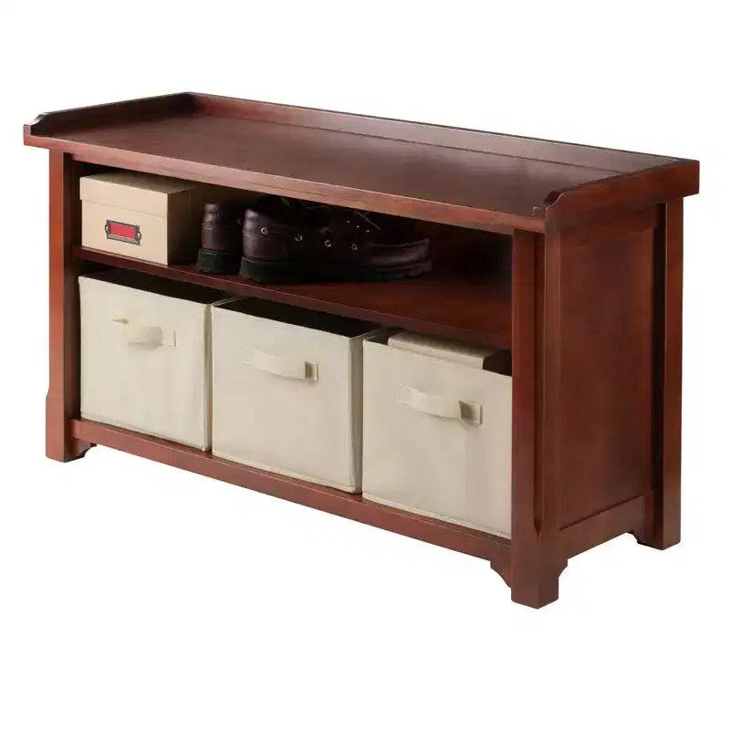 Banc de rangement Verona avec 3 paniers en tissu pliable coloré - Noyer - Winsome