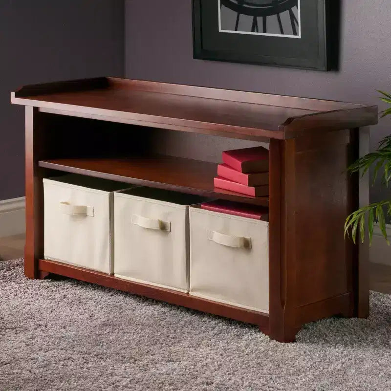 Banc de rangement Verona avec 3 paniers en tissu pliable coloré - Noyer - Winsome