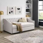 Twin/Full Size Daybed with Trundle, Upholstered Tufted Sofa Bed with Button and Waved Shape Arms - ModernLuxe