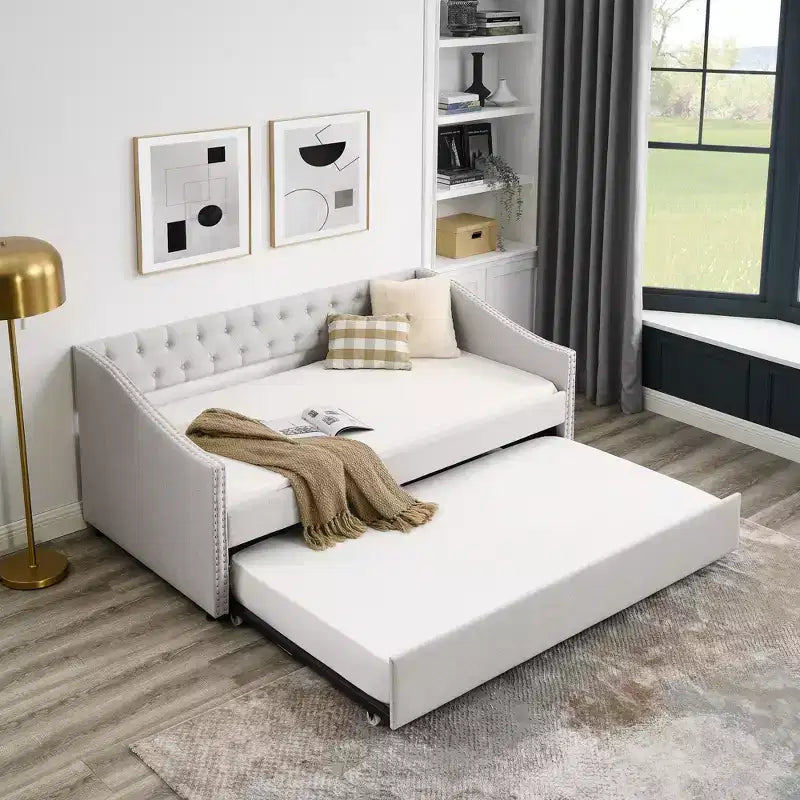 Lit de repos double/grand avec lit gigogne, canapé-lit capitonné avec boutons et accoudoirs ondulés - ModernLuxe