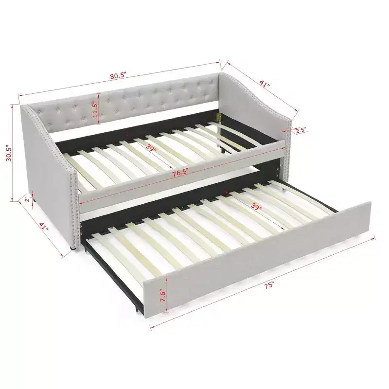 Lit de repos double/grand avec lit gigogne, canapé-lit capitonné avec boutons et accoudoirs ondulés - ModernLuxe