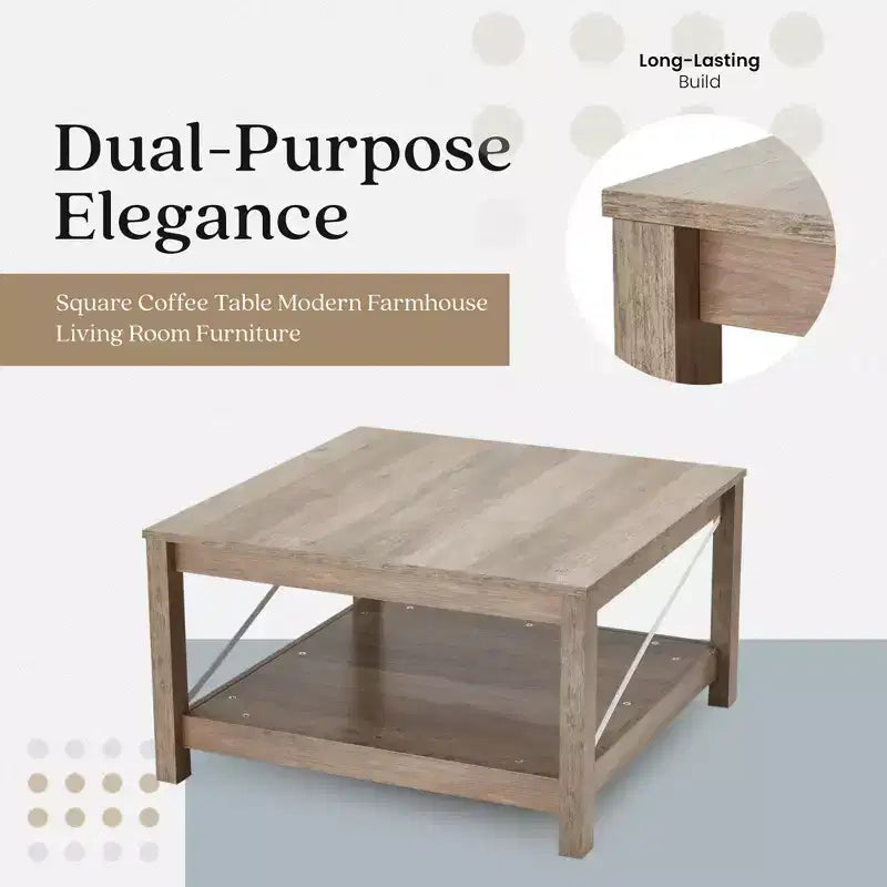 JOMEED Table basse carrée de 80 cm avec étagère de rangement inférieure, meubles de salon/bureau style ferme moderne, beige