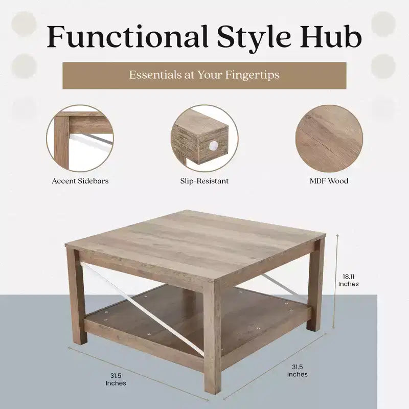 JOMEED Table basse carrée de 80 cm avec étagère de rangement inférieure, meubles de salon/bureau style ferme moderne, beige