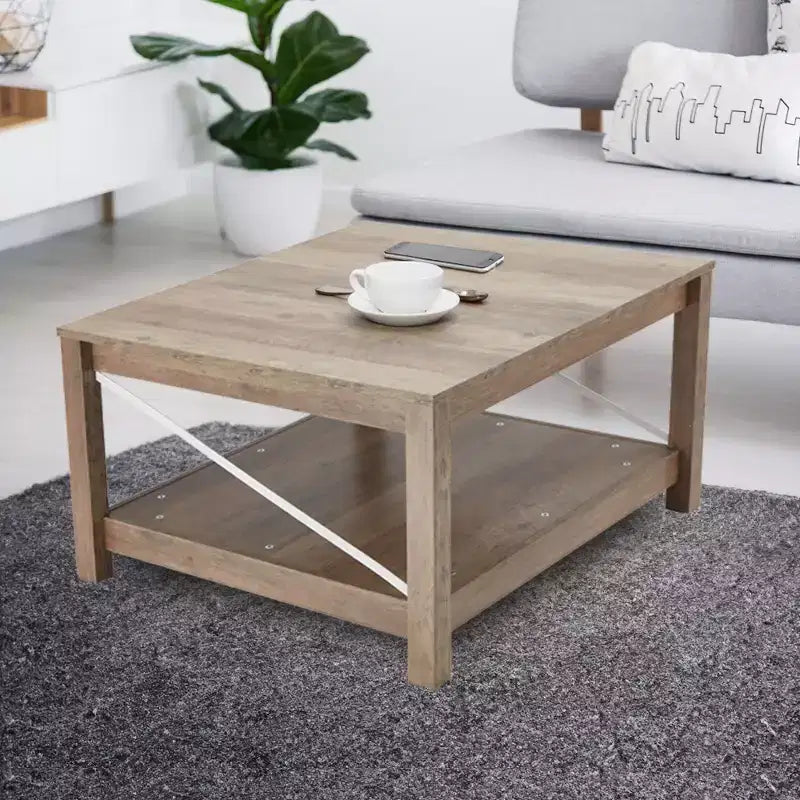 JOMEED Table basse carrée de 80 cm avec étagère de rangement inférieure, meubles de salon/bureau style ferme moderne, beige