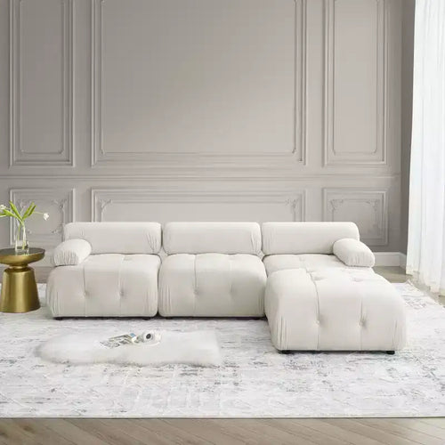 93 Modular Button Velvet/Teddy Fabric Tufted Upholstered Sectional Sofa, L Shaped Sofa with Reversible Ottoman - ModernLuxe