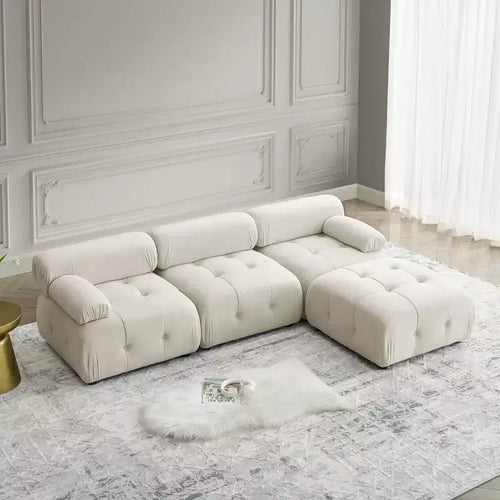 Canapé modulable 93 places en velours/tissu Teddy avec capitonnage touffeté, canapé d'angle en forme de L avec pouf réversible - ModernLuxe