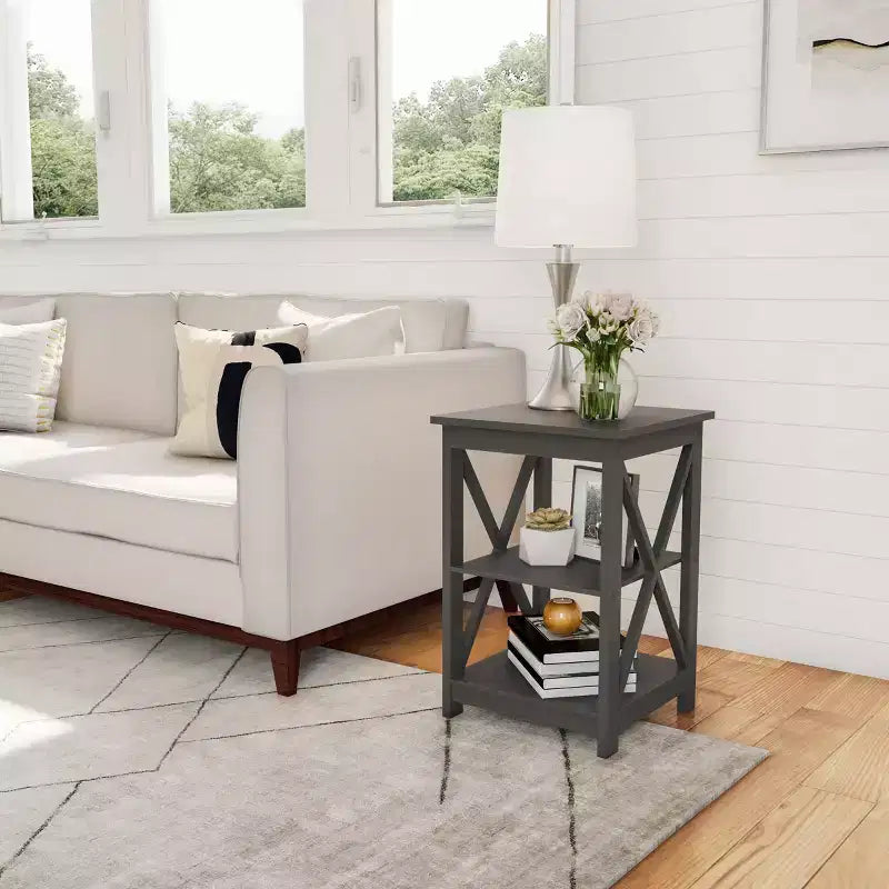 Table d'appoint en bois Lavish Home avec deux étagères et design en X