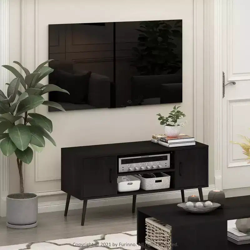 Furinno Mid-Century TV Stand Entertainment Media Console w/2 Cabinets&Open Storage Shelves for TVs up to 50,Espresso