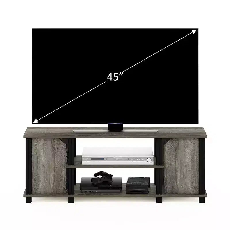Meuble TV Furinno Centre Multimédia avec 2 placards de rangement et étagères ouvertes pour TV jusqu'à 45 pouces, chêne français/noir