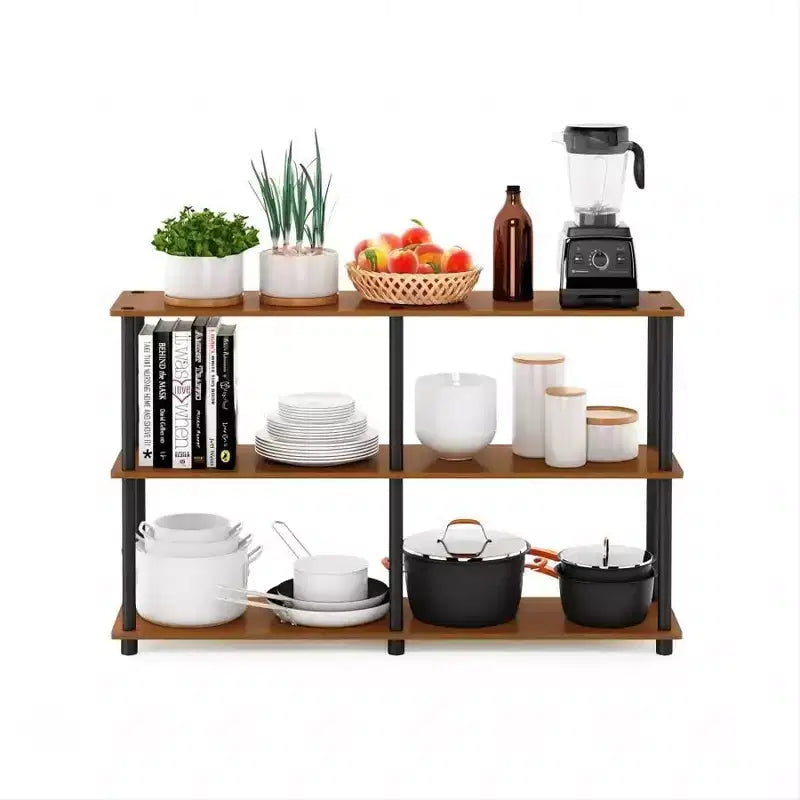 Furinno Étagère Ouverte à 3 Niveaux Double Taille, Meuble de Rangement au Sol, Présentoir, Cerisier Clair/Noir
